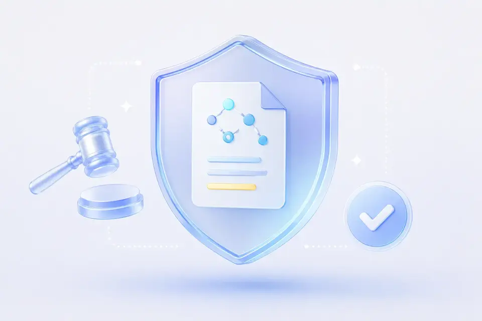 Illustration of a glass shield with an AI policy document, gavel, and checkmark