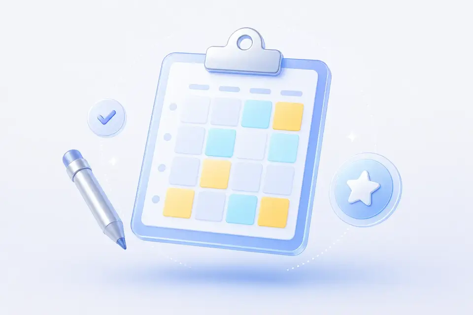 Illustration of a 3D clipboard rubric with a pencil, checkmark, and star badges