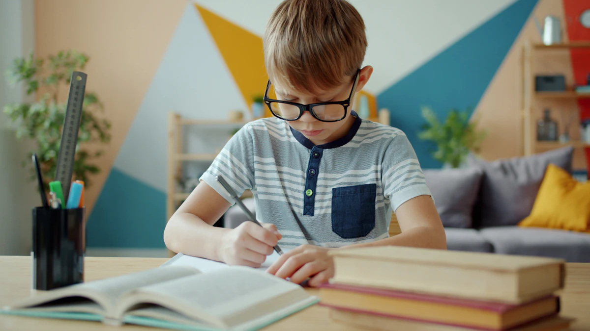 A student writing at a desk