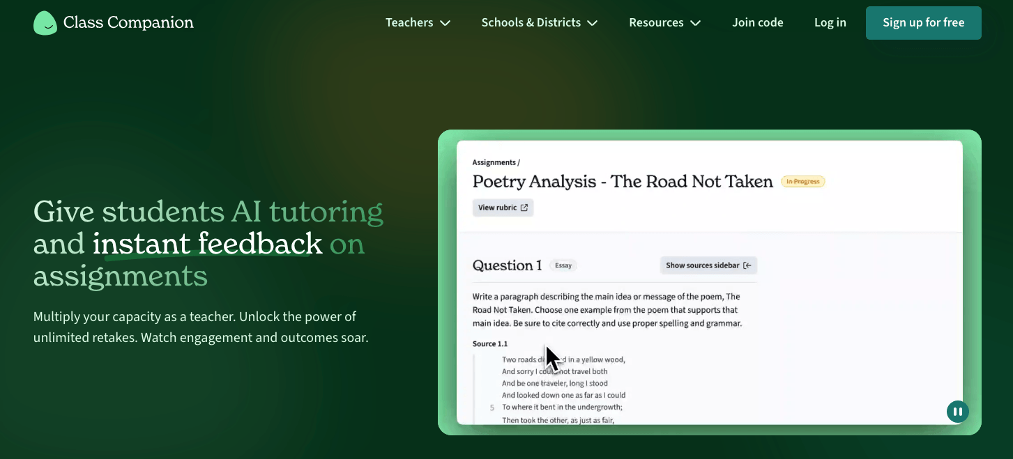 Class Companion homepage: AI tutoring and instant feedback on assignments
