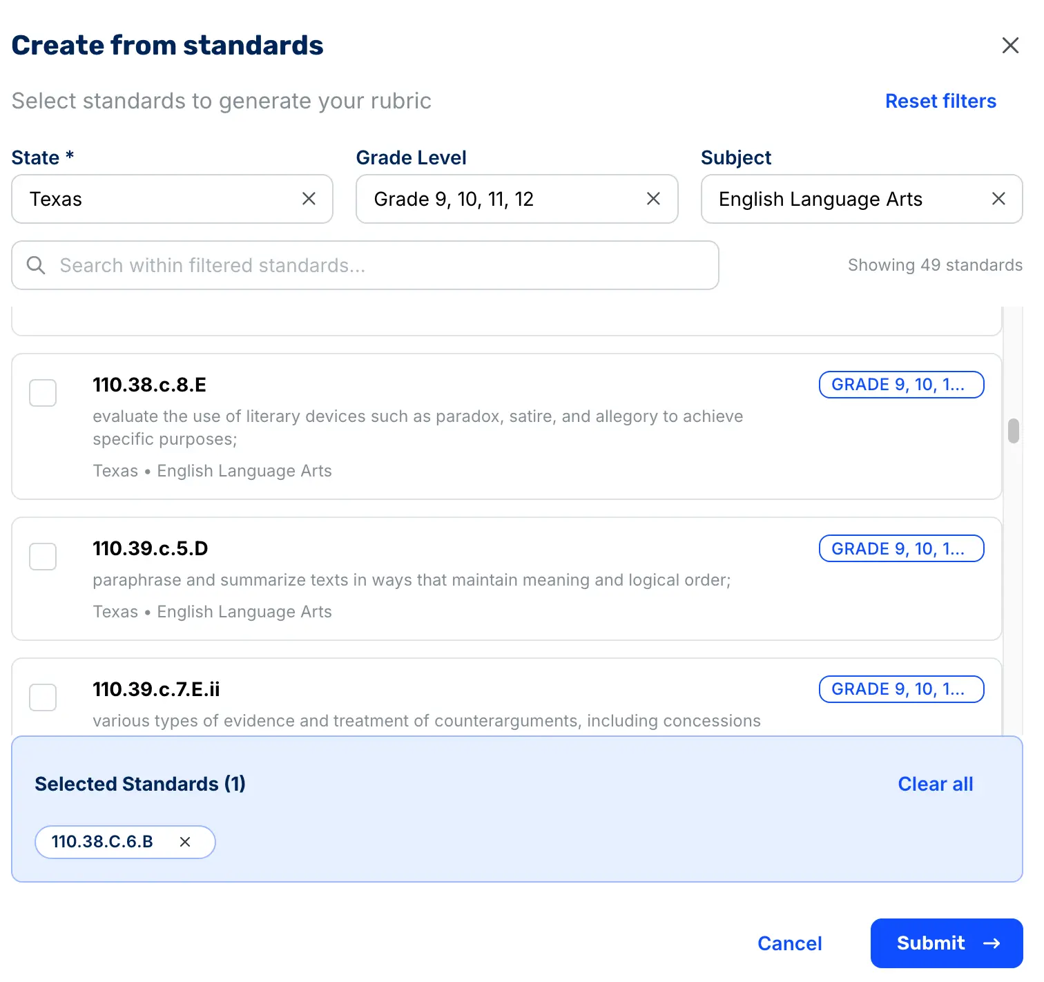 Create from standards to generate your rubric