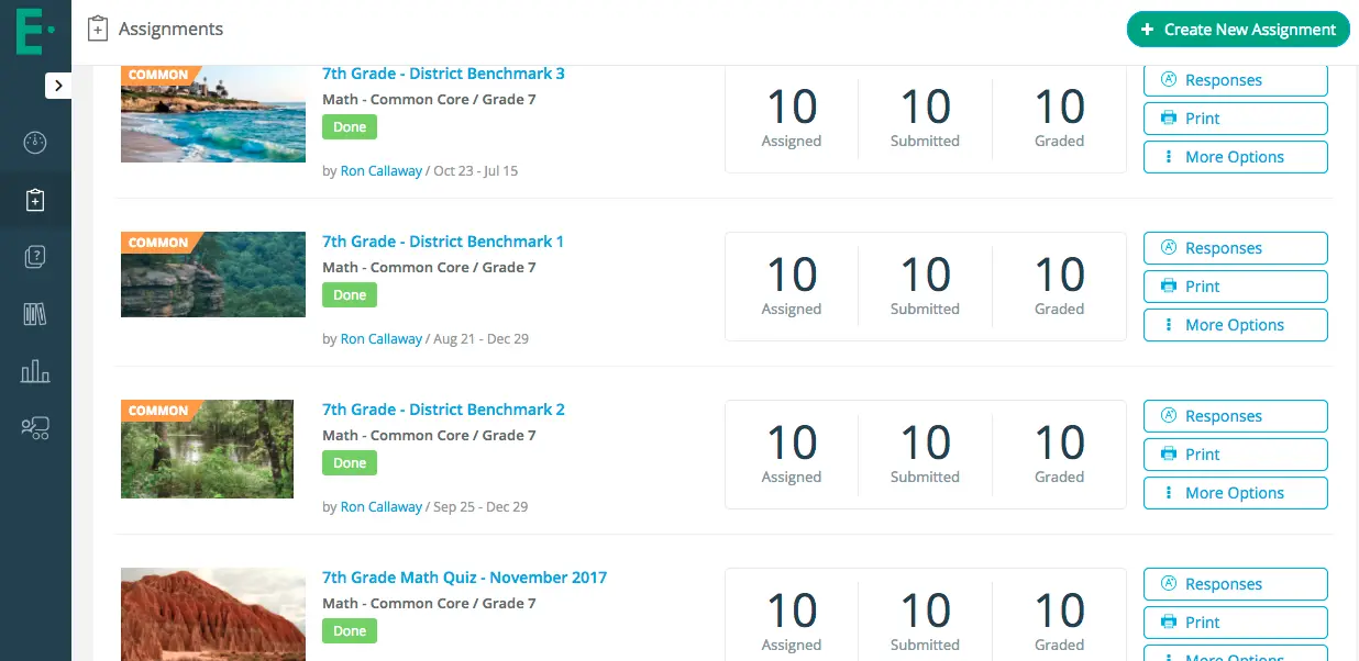 Edulastic assignments dashboard showing graded district benchmark tests