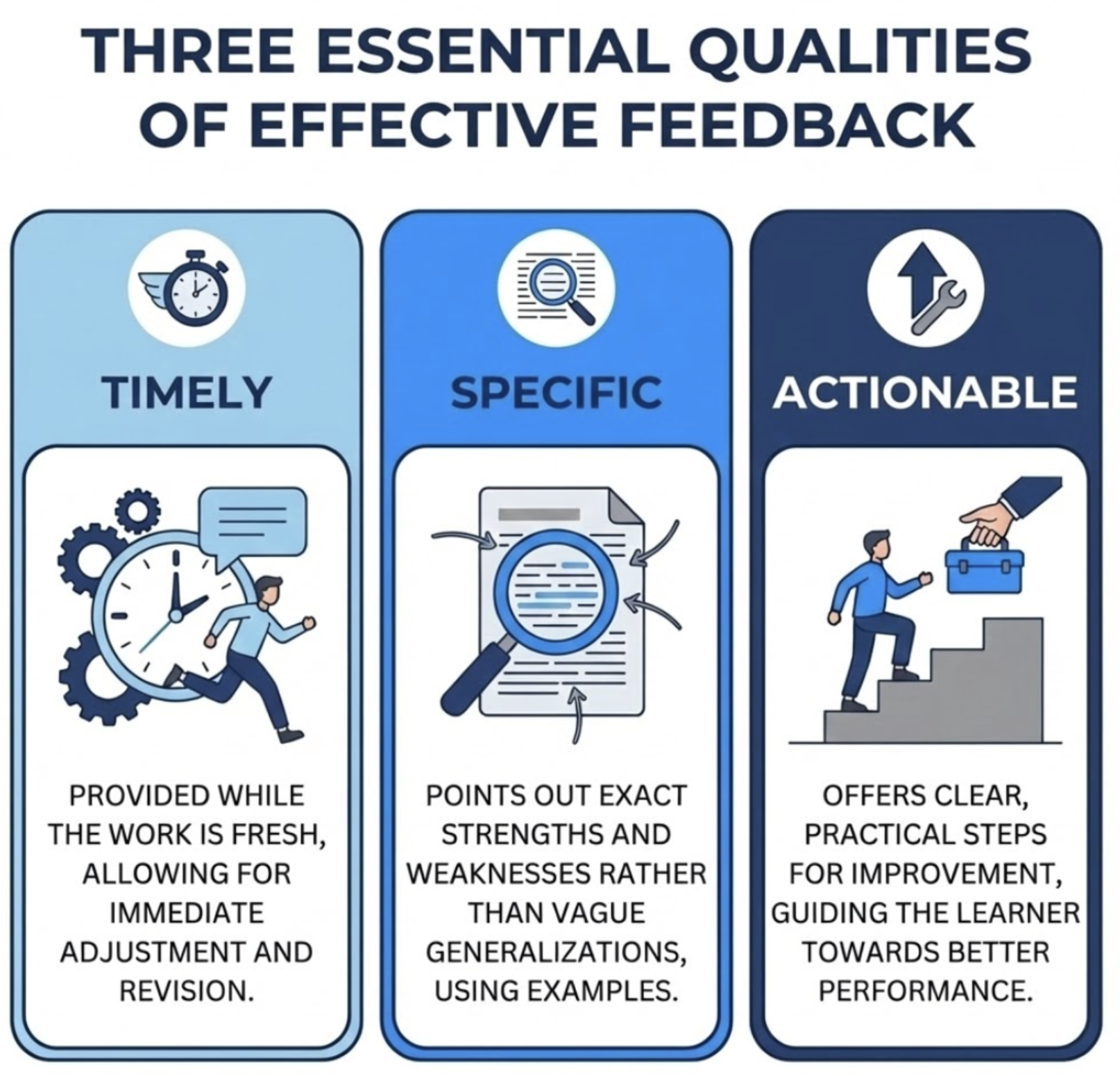 Infographic titled "Three Essential Qualities of Effective Feedback." The three qualities are: 1. Timely: Provided while the work is fresh, allowing for immediate adjustment and revision. (Icon: A man running next to a large clock and stopwatch). 2. Specific: Points out exact strengths and weaknesses rather than vague generalizations, using examples. (Icon: A magnifying glass highlighting text on a document). 3. Actionable: Offers clear, practical steps for improvement, guiding the learner towards better performance. (Icon: A man climbing steps while another hand offers a briefcase from above, next to an upward arrow and wrench icon).