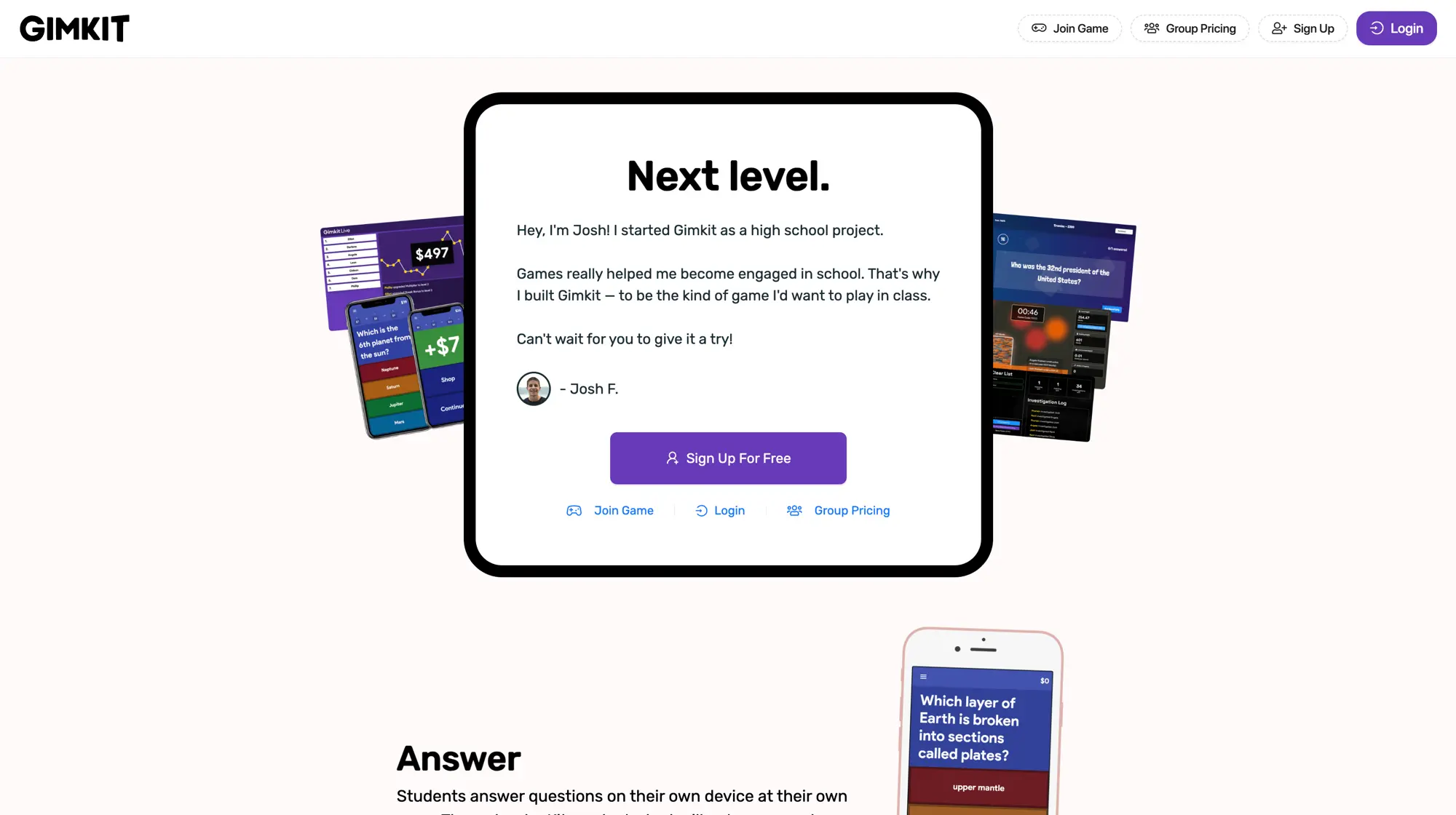 Gimkit game-based assessment homepage