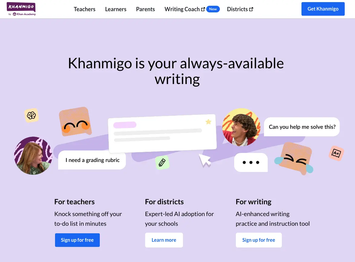 Khanmigo homepage: Khanmigo is your always-available writing