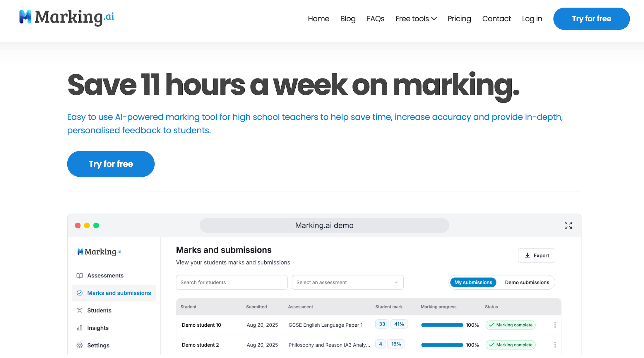 Marking AI homepage: Save 11 hours a week on marking.