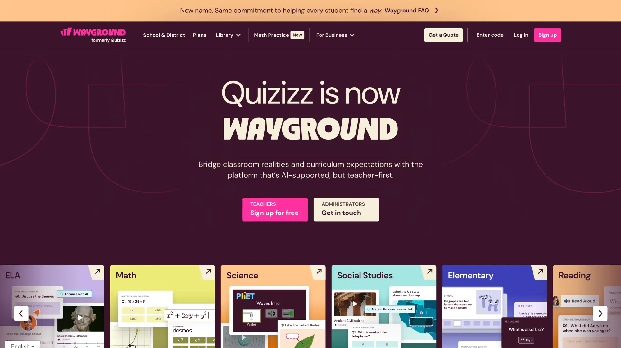 Quizizz, now rebranded as Wayground, homepage