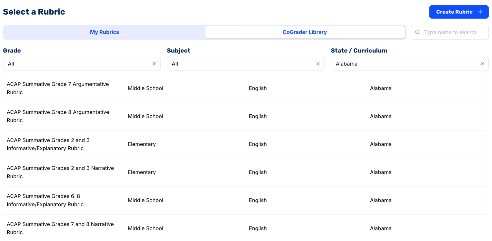 Select a rubric from the CoGrader library by grade and subject