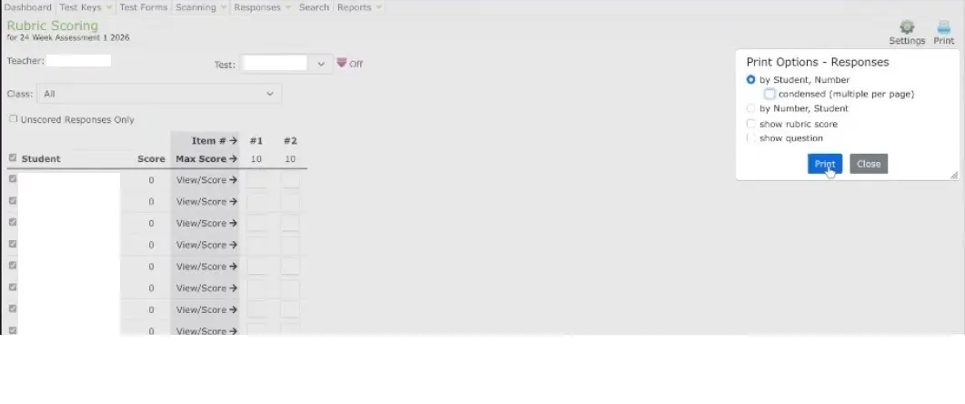 DMAC rubric scoring Print Options dialog with By Student, Number selected and condensed left unchecked