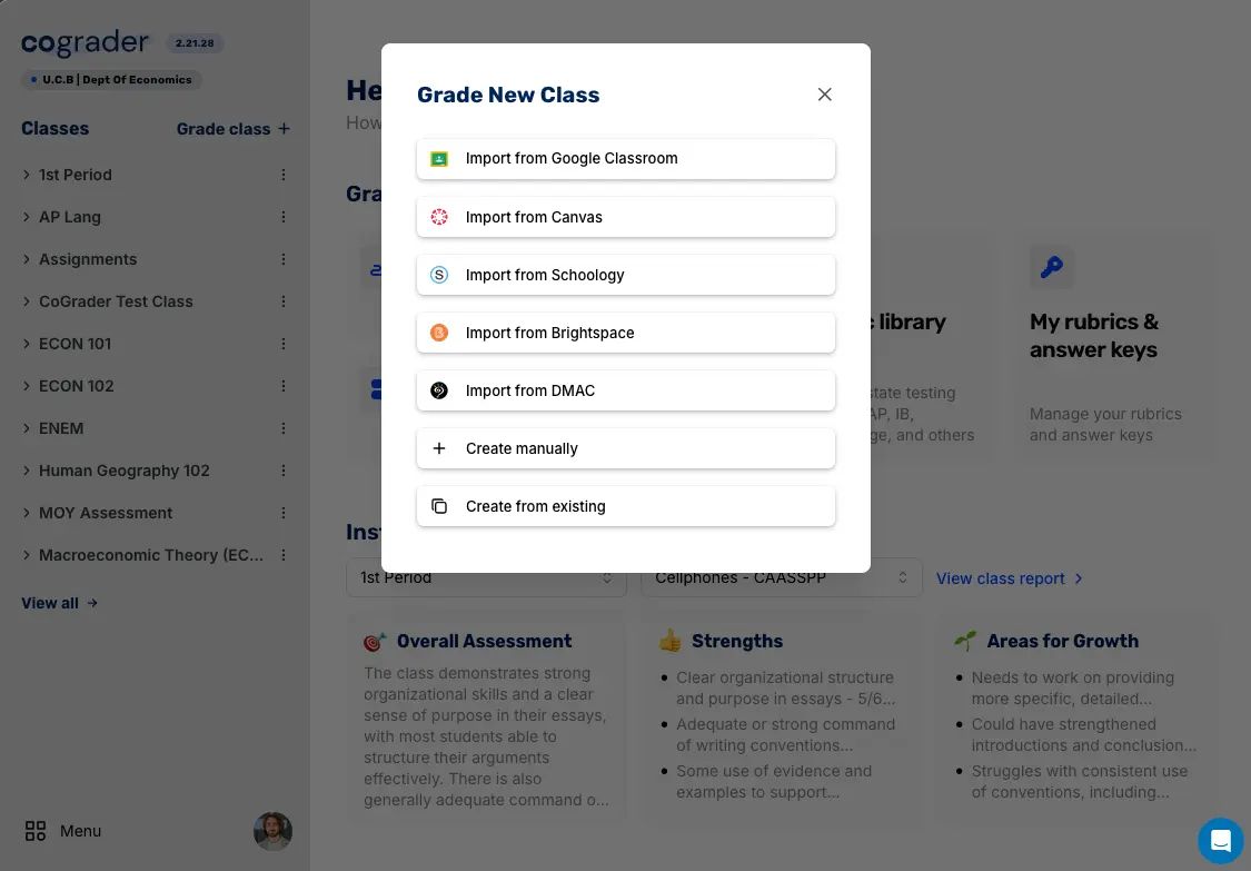 CoGrader Grade New Class modal showing import sources including Import from DMAC
