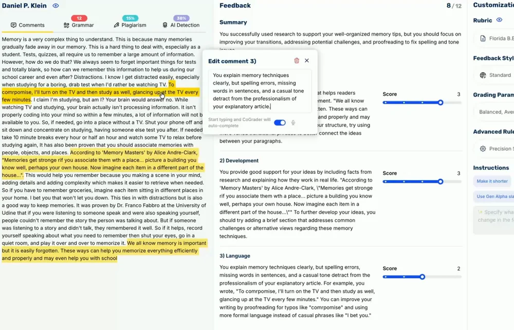 Personalizing CoGrader feedback to match the teacher voice
