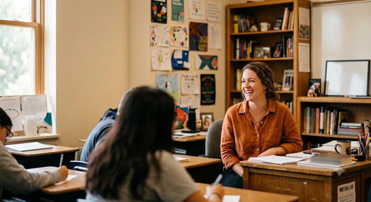A teacher smiling with students during a writing lab session