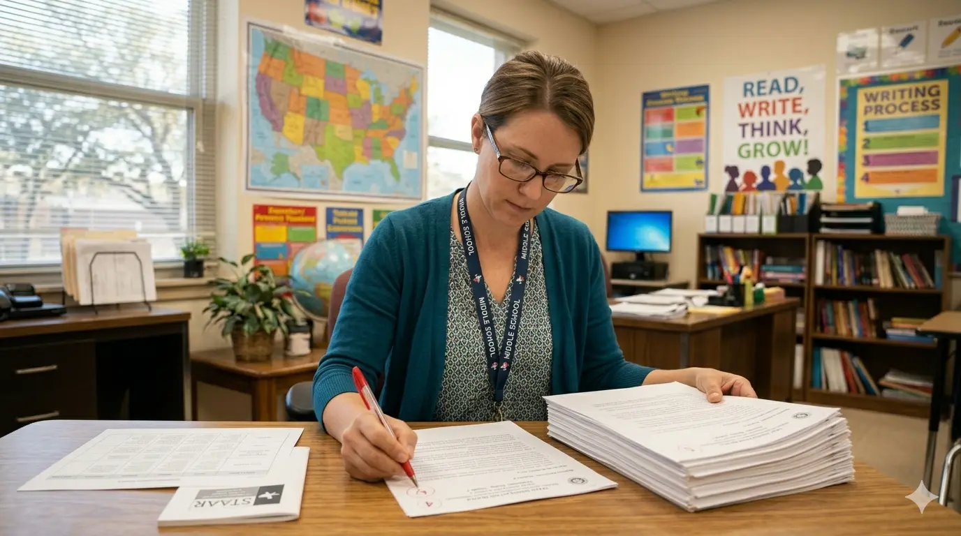 A Texas middle-school teacher grading a stack of STAAR practice essays