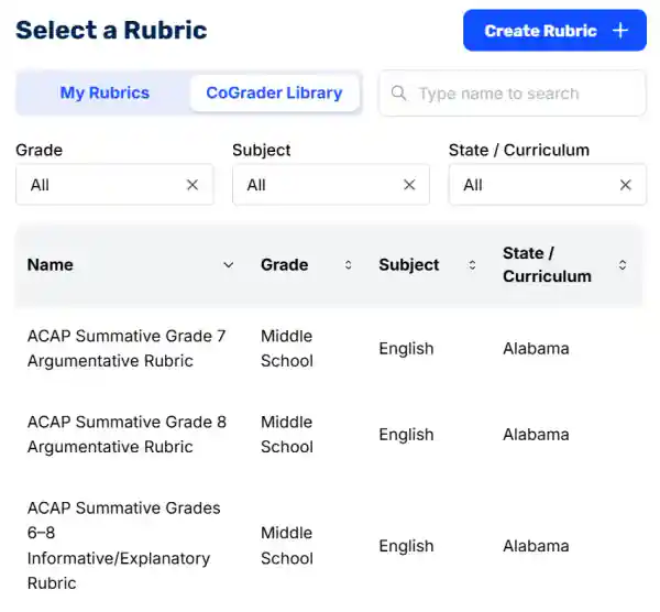 Select a Rubric
